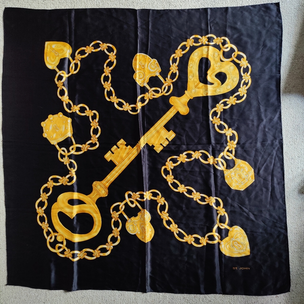 Vintage St. John Gold Keys And Padlocks Print Scarf, 42" X 42"